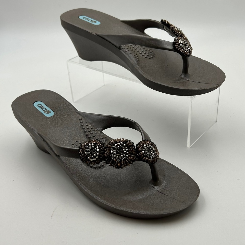 Oka-B Wedge Flip Flops Womens ML Brown Beaded Floral Medallion Coastal USA Made